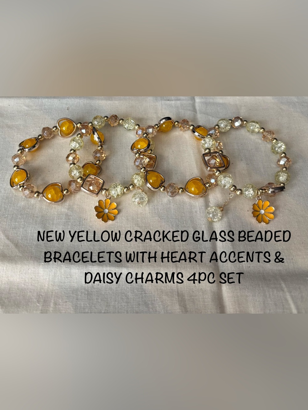 New Yellow Cracked Glass Beaded Bracelet W/Heart accents & Daisy Charms 4pc Set - Picture 2 of 2